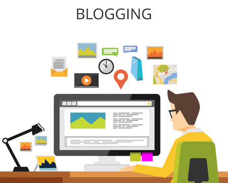 Blogger writing article. Blogging concept. Blog concept. Internet contents.のイラスト素材