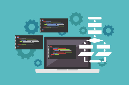 Code or programming concept. Banner illustration of application development concept.のイラスト素材