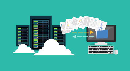 Migration. Backup concept. Copying file. Server. Data Center. Database synchronize technology.のイラスト素材