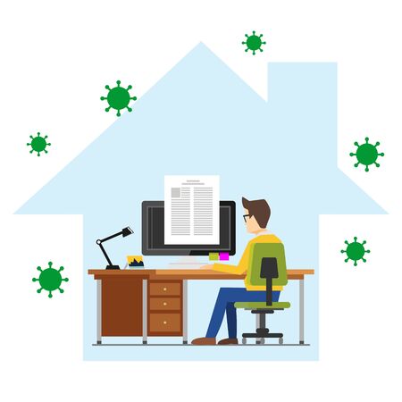 Illustrations concept of student studying or working from home to avoid viruses. Learning at home to prevent virus infectionのイラスト素材