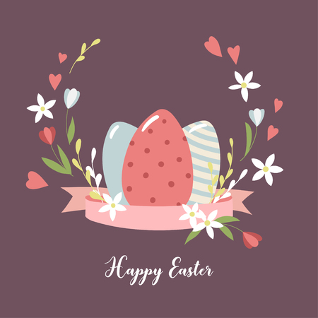 Card with Easter eggs and flowers. Vector template.のイラスト素材