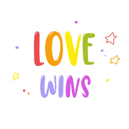 Bright rainbow inscription Love wins isolated on white. Gay Pride lettering. LGBT rights concept. Vector template suitable for greeting cards, invitations or prints on a T-shirt.のイラスト素材