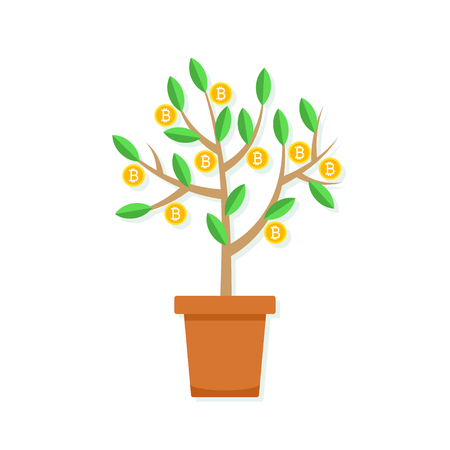 Pot with bitcoin money tree Isolated on white background. Vector flat illustration of financial income business concept.のイラスト素材