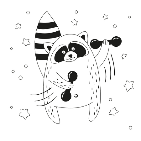 Funny cartoon raccoon exercising with dumbbells. Black and white vector illustration.のイラスト素材