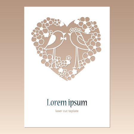 Card with openwork heart with two birds and space for text. Laser cutting template for greeting cards, envelopes, wedding invitations, decorative elements.のイラスト素材