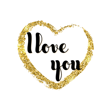Vector hand written words I Love You and glitter golden heart. Greetting card, poster, advertising, banner, placard design template.のイラスト素材