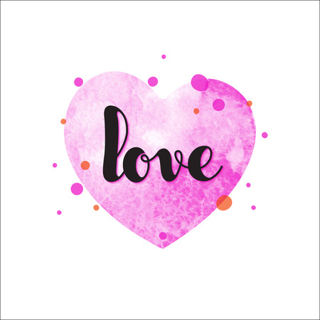 Watercolor pink heart with inscription Love in hand-writing style. Vector illustration.のイラスト素材