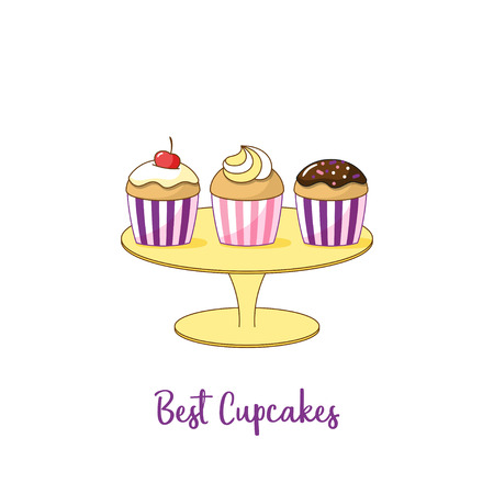 Three cupcakes on a stand isolated on a white background. Vector illustration.のイラスト素材