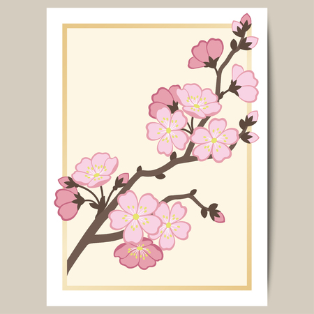 Greeting card with a branch of pink sakura blossoms. Vector illustration.のイラスト素材
