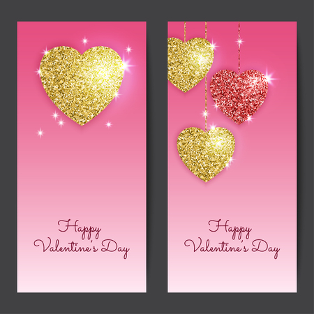 Valentines day backgrounds with gold and red hearts. Shining glitter textured valentines. Vector template for greeting cards, flyers. invitations.のイラスト素材