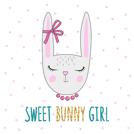 Cute bunny girl with a ribbon on the ear. Vector illustration suitable for prints on kid's T-shirts, greeting cards, posters, invitations, notepads.のイラスト素材