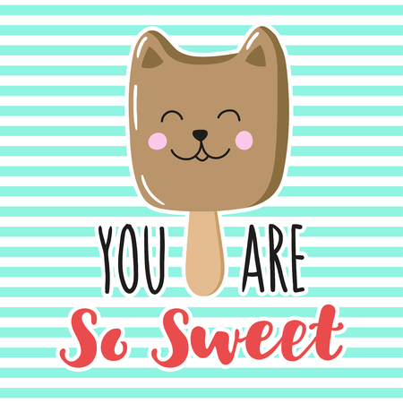 Charming ice cream cat with hand-written inscription You are so sweet. Vector design for greeting card, poster, print on t-shirt.のイラスト素材