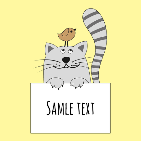 Lovely kitten with striped tail and sparrow. Space for text. Vector illustration in a cartoon style is suitable for greeting cards and T-shirts.のイラスト素材