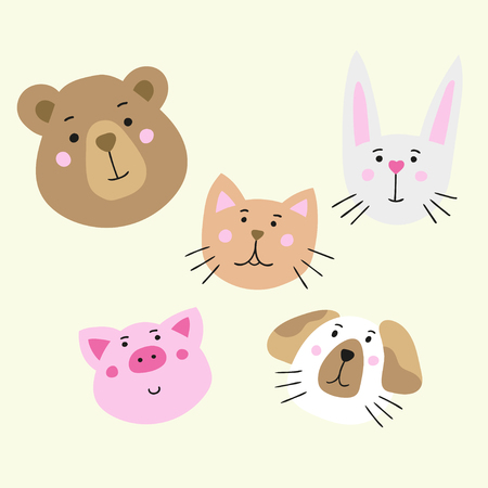 Five lovely cartoon animal muzzles. Stock vector graphics in hand-drawn style.のイラスト素材