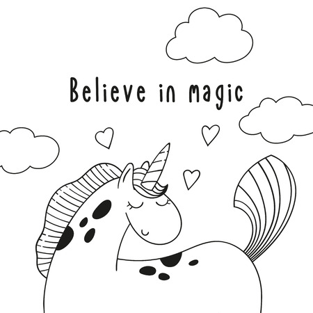 Cute cartoon pony unicorn and inscription Believe in magic. Black and white vector illustration. Coloring page.のイラスト素材