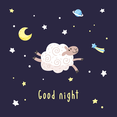 Dark night background with cartoon sheep, moon, stars and comet. Childish poster. Vector illustration with cute lamb and text Good night.のイラスト素材