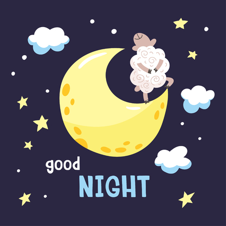 Sky background with cartoon lamb on the moon. Childish poster. Vector illustration with cute dreaming lamb and inscription Good night.のイラスト素材