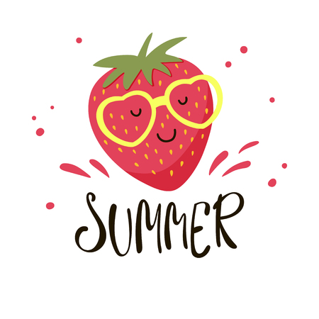 Cute strawberry in yellow sunglasses. Vector illustration with cartoon strawberry and inscription Summer.のイラスト素材