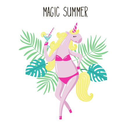 Cute pink unicorn girl in a swimsuit with a glass of martini. Vector illustration.のイラスト素材