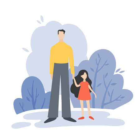 Father and doughter walking in summer park outside, family leisure. Vector flat illustration.のイラスト素材