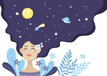 Happy beautiful girl with cosmos in her lush hair. Vector flat illustration.のイラスト素材