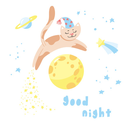 Cartoon cat flying in the sky. Childish poster. Vector illustration with cute kitty and starry night.のイラスト素材