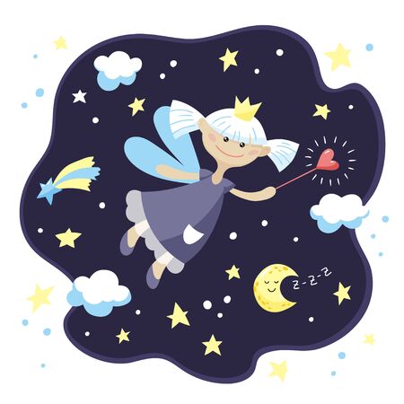 Cute fairy girl with a magic wand in the night sky. Vector cartoon illustration.のイラスト素材