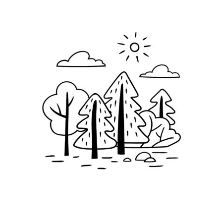 Minimalistic black and white landscape. Trees and bushes in a hand drawn style. Vector template.のイラスト素材