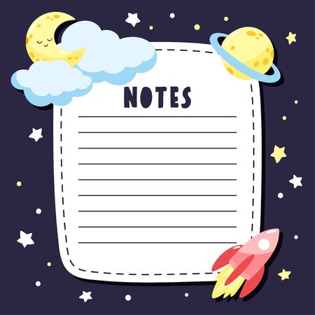 Page for notes in childish style with space elements. Rocket, moon, planet and stars in the space. Vector template suitable for to do list.のイラスト素材