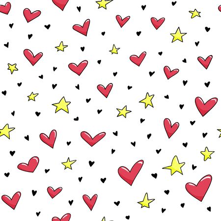Seamless pattern with cute smiled hearts and stars. Vector background.のイラスト素材