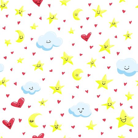 Seamless pattern with cute smiled stars, clouds and crescents. Vector background.のイラスト素材