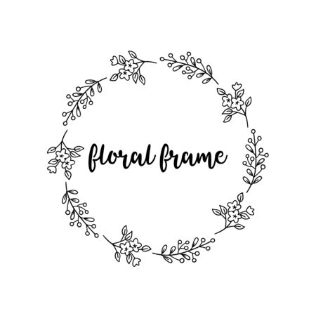 Round frame of twigs and flowers. Black and white vector pattern.のイラスト素材