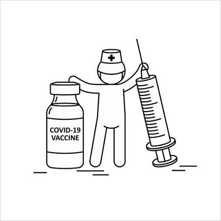 Man with Cobid-19 vaccine and syringe. Linear illustration, coronavirus prevention.のイラスト素材