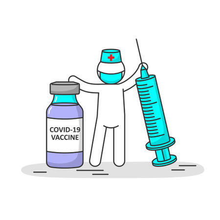 Man wearing a medical mask, Cobid-19 vaccine and syringe, prevention of coronavirus.のイラスト素材