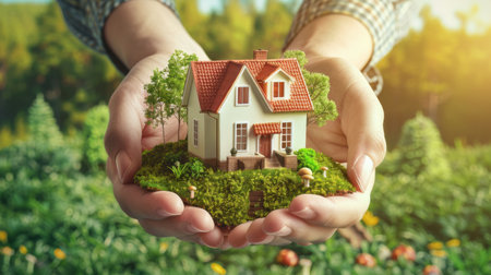Hand holding house model. Real estate agents offer home equity loans to their customers.の写真素材