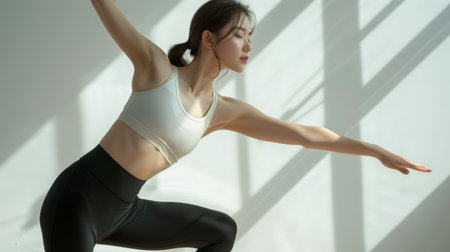 Yoga Full body shot, Side view, Female Girl in Tight Leggings, Lean on ones side, Stretching.