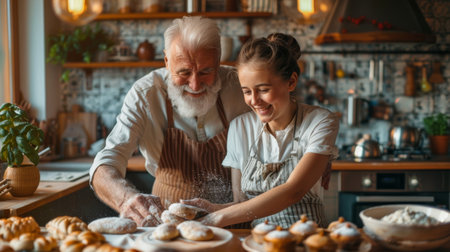 Mature couple, senior dad and mature daughter holding hands swirling domestic kitchen