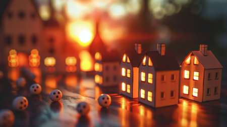 Real Estate House Insurance and loan property for housing. Many wood model house and lighting.の写真素材
