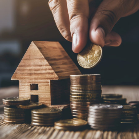 Property investment and house mortgage financial concept, Hand putting money coin stack with wooden...