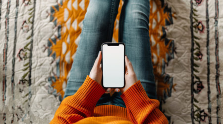 Top view mockup image of a woman holding mobile phone with blank white screen