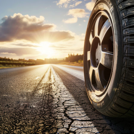Tires and wheels on the road with Sunset and background copy space.