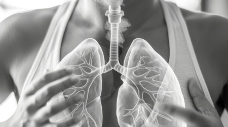 Double images of the inside of the lungs. Concepts for treating lung cancer due to PM2.5の写真素材