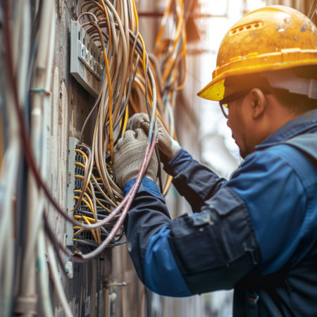 engineering wearing helmet and uniform repair network line on out side
