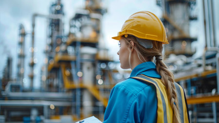 A female engineer wearing a safety suit looks determined and intent on controlling an energy...