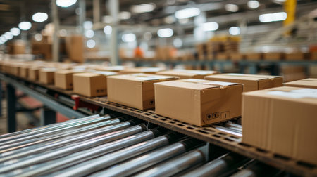 Cardboard product boxes on conveyor rollers ready to be shipped by courier for distribution