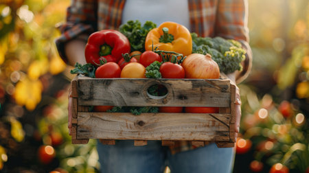 Farmer woman Hands holding wooden box with harvest vegetables on blurred green farm field background