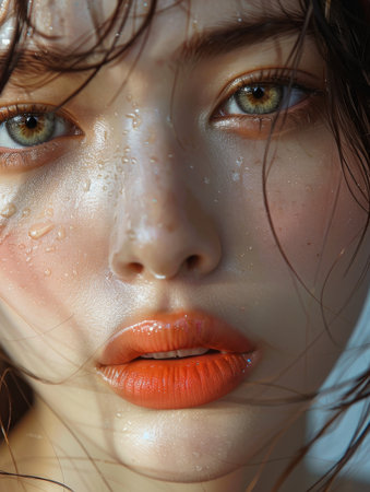 Close up, Beautiful and cute Korean woman showing mouth with fresh lipstick gloss