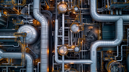 Background Top view of a refinerys complex piping.