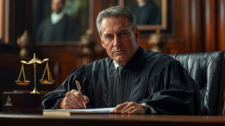 male judge writing on legal documents at desk in courtroom.の素材