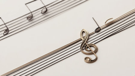 Sheet with empty staves for music notes and treble clef on white background.の素材